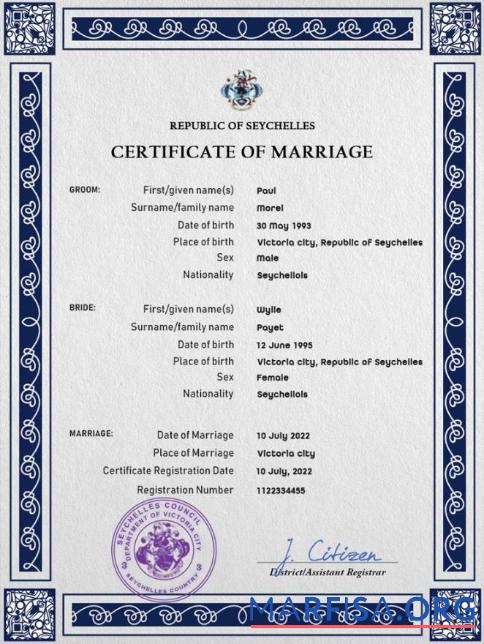 Blank Seychelles marriage certificate PSD template